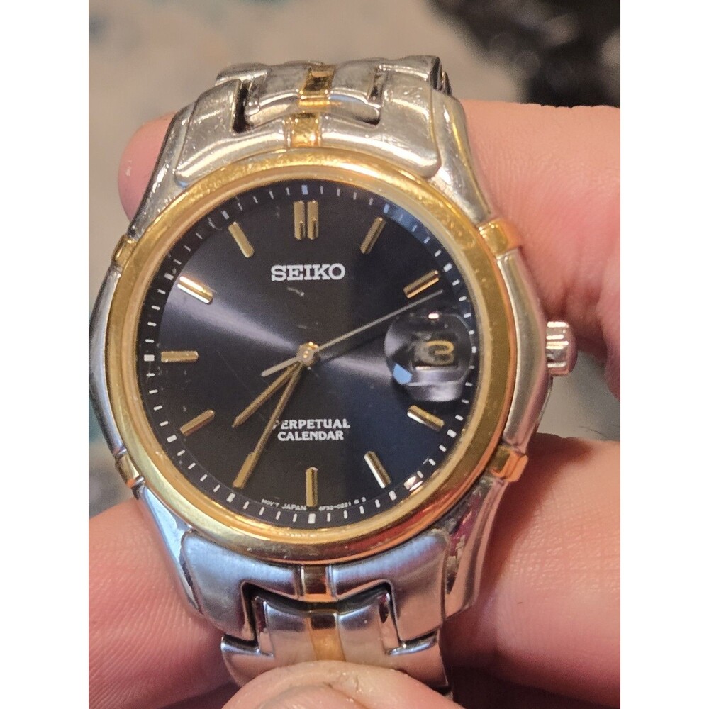 Seiko Perpetual Cal. Blue Dial Two-Tone St. Steel Watch. 38mm. 6.75". 8F32-0189